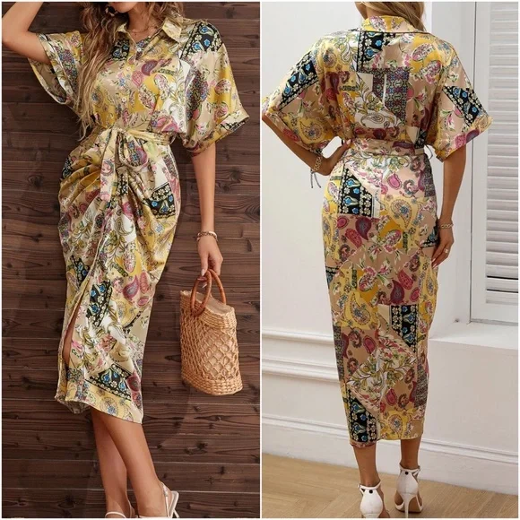 Boho Paisley Print Button up satin Dress - Picture 2 of 4